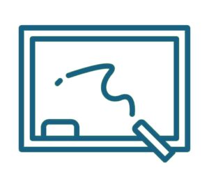 Blue icon of a chalkboard with an erase and a piece of chalk.