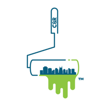 C&R logo displays a roller paintbrush with a city skyline within the brush. The brush is dripping green paint.