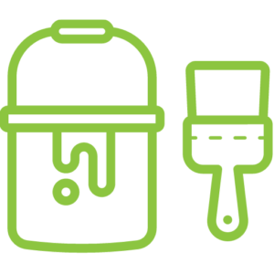 Green icon depicting a paint can alongside a paintbrush, symbolizing painting and creativity.
