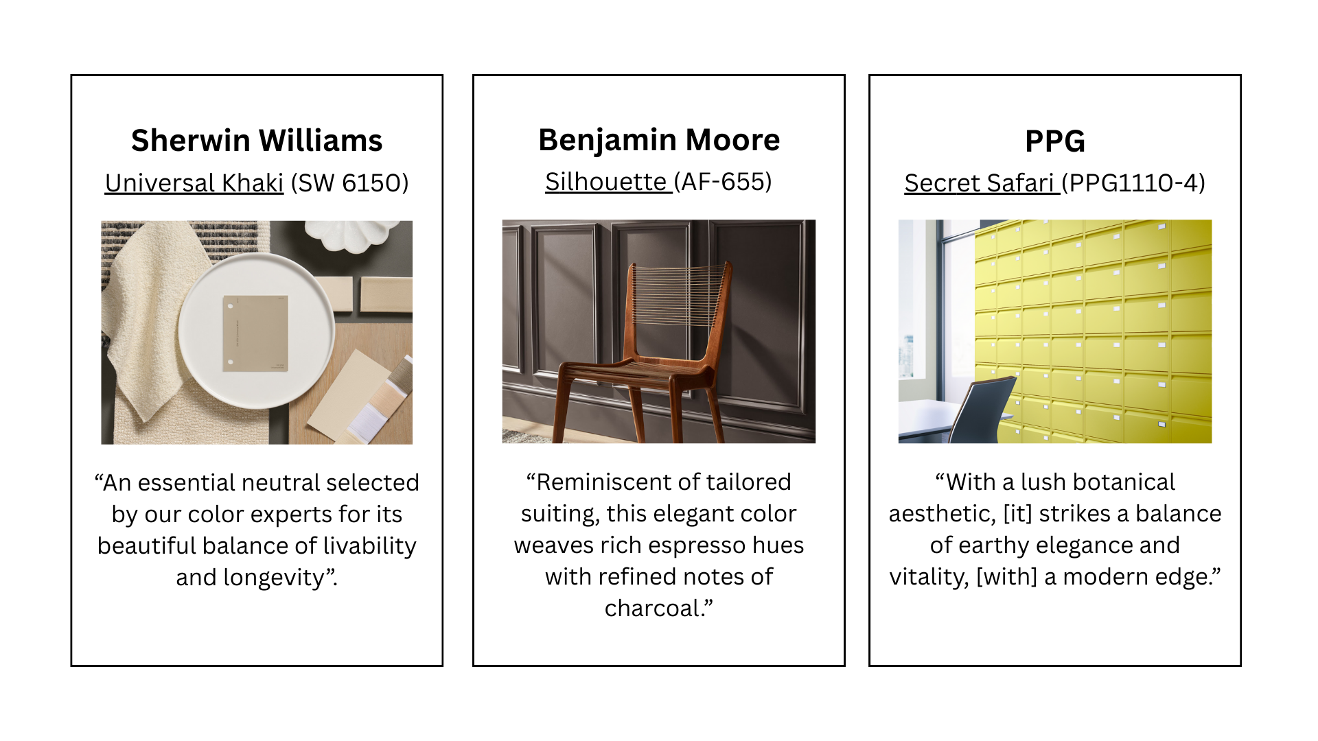 a table showing the three 2026 colors of the year from Ben Moore (Silhouette) , Sherwin Williams (Universal Khaki), and PPG (Secret Safari)