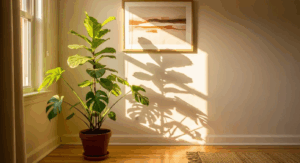 sunlight comes through an interior window to bring out the beauty of a new paint refresh, featuring a warm neutral with golden undertones