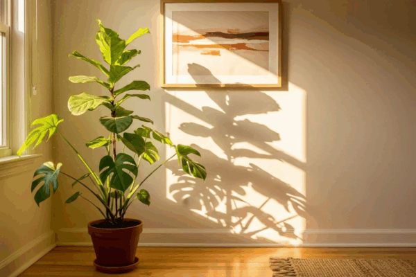 sunlight comes through an interior window to bring out the beauty of a new paint refresh, featuring a warm neutral with golden undertones