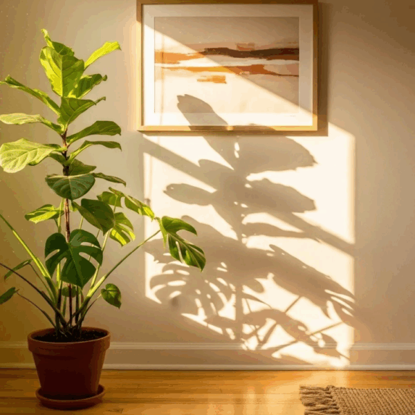 sunlight comes through an interior window to bring out the beauty of a new paint refresh, featuring a warm neutral with golden undertones